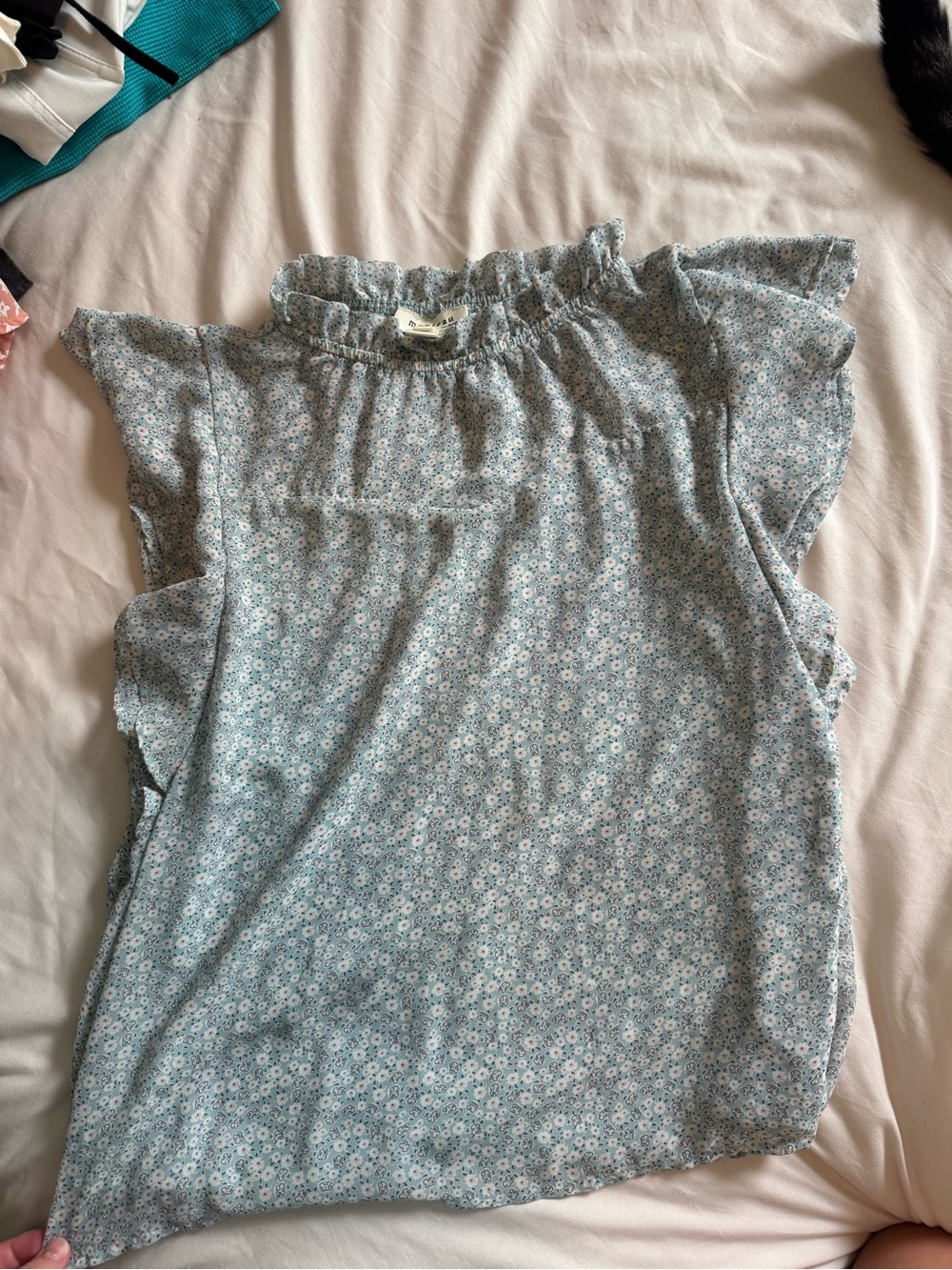 Monteau Light Blue Floral Ruffle Sleeve Blouse